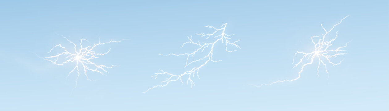 Vector illustration of three lightning bolts with branching details on a light background. Suitable for sci-fi projects, special effects, user interfaces, and energy-themed designs.