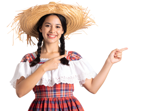 Smiling young woman in vibrant plaid dress and straw hat points, embodying festive joy.