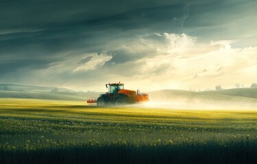 Obraz premium Agricultural landscape featuring tractor spraying a vast green field at dawn, conveying farming, technology, and rural scenery