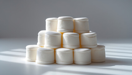 White marshmallow pyramid on pristine surface, suitable for food blogs, dessert recipes, sweet treat menus, and confectionery product advertisements.