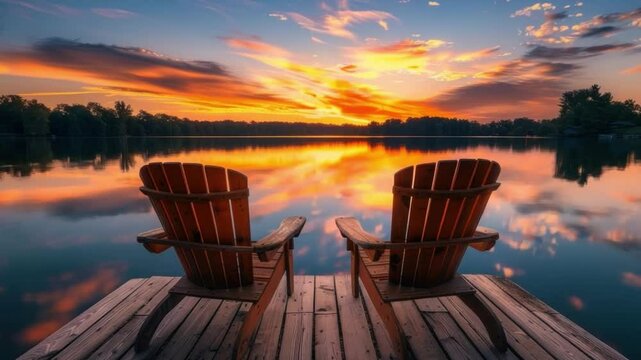 Two chairs on a wooden dock overlooking a tranquil lake at sunset. The sky is ablaze with warm colors, reflecting in the calm water