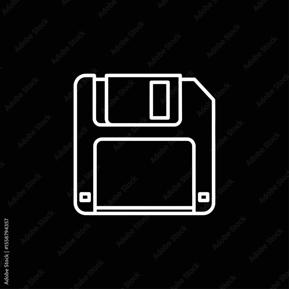 Fototapete white outline of a floppy disk on a black background representing obsolete data storage media