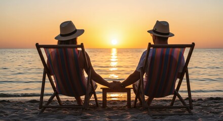 Obraz premium Sunset Serenity Couple Holding Hands in Paradise on Beach.