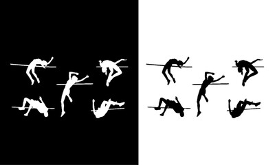 Naklejka premium high jumping silhouette set vector illustration, high jump silhouette, jump, jump silhouette, sport, man, man jumping silhouette, vector, silhouette, icon, design, art,