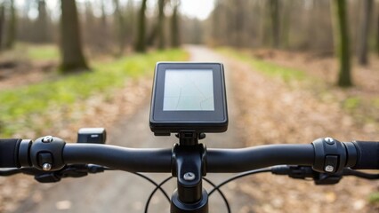 Bicycle Handlebar with Computer Display on Forest Trail in Autumn