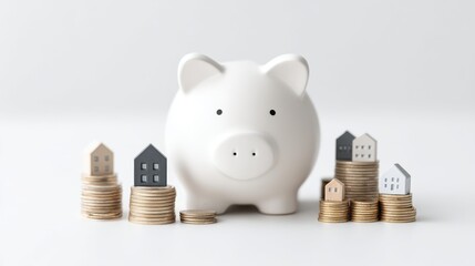 A piggy bank placed between two toy houses, with coins scattered around, represents the idea of saving funds for buying a house or making a real estate investment