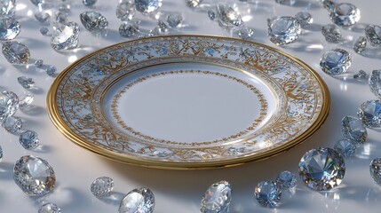 Elegant plate and diamonds still life photography for luxury goods and jewelry product presentation