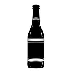Isolated black wine bottle with white stripes and blank label in a simple graphic illustration