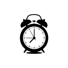 A black and white illustration of a classic alarm clock with bells and hands showing the time