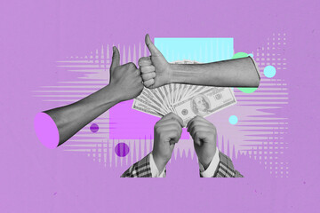 Creative full image artwork pop collage of hands point dollar banknote payment finance capital profit bonus bank transaction