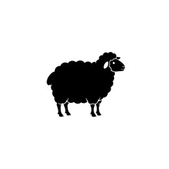 A black silhouette of a sheep standing on a white background in a side profile view showing its fluffy wool