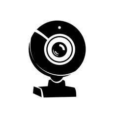 Isolated black and white graphic of a round webcam on a stand with a white background space around it