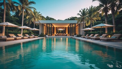 Luxury villa with a stunning pool surrounded by palm trees in a tropical paradise.