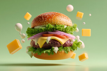 Floating Cheeseburger with Ingredients Suspended on Green Background