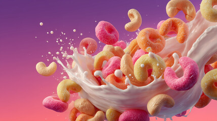 Vivid Splash of Colorful Cereal in Milk Against Gradient Background