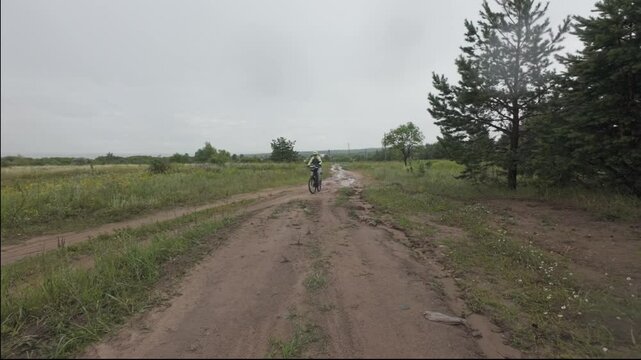 cycling in nature in wild places, bike-packing. Riding in the forest in the rain