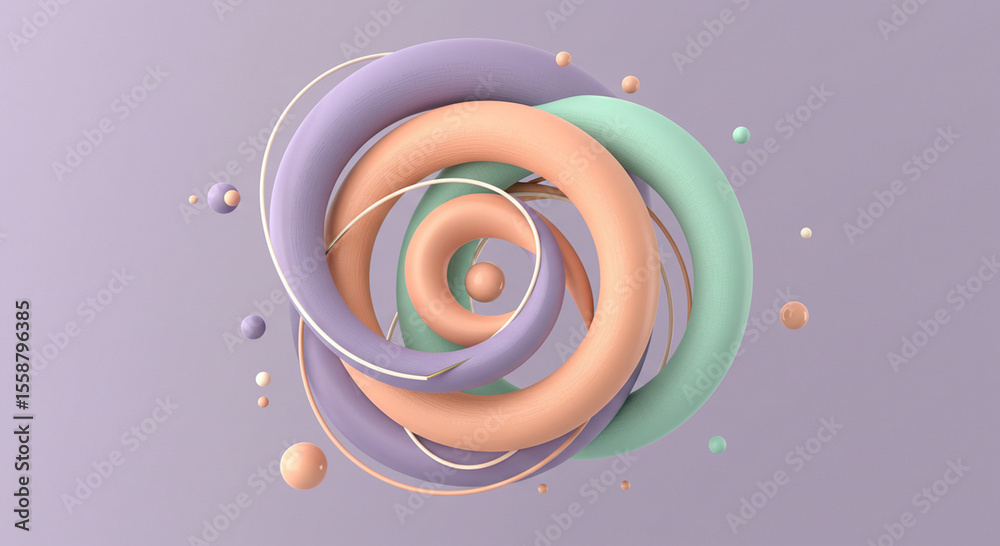 Fototapete abstract 3d rendered artwork featuring colorful spirals and floating spheres on purple background