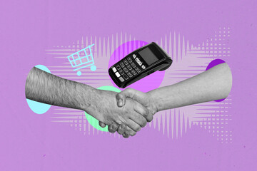 Creative banner full art collage of human hands hold pos terminal dollar phone payment transaction...
