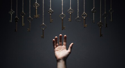 Seeking Secrets Hand Reaching for Antique Keys in Dark Mystery.