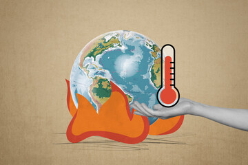 Image 3d trendy creative collage of human hand hold world map continent leak drop melting warming...