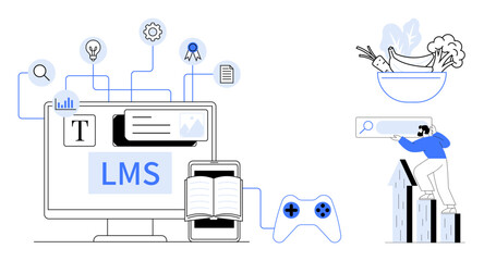 Computer screen labeled LMS with book, gaming controller, and connected icons. Man using search bar beside charts and healthy food. Ideal for education, technology, e-learning, self-improvement