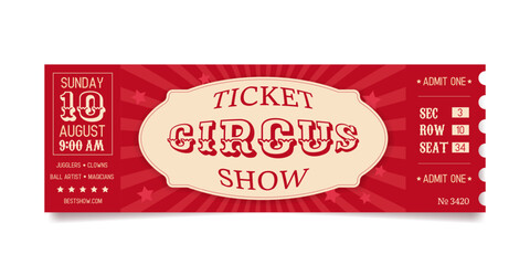 Vintage circus ticket design, bright invitation to the show