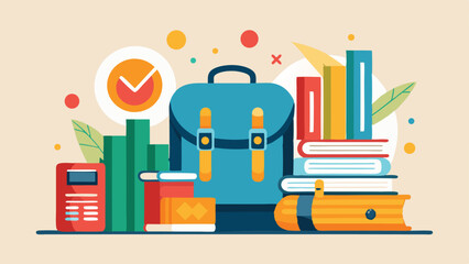 Back to School Essentials: A charming illustration showcasing a blue school bag surrounded by a collection of books, a calculator, and a clock with a check mark.