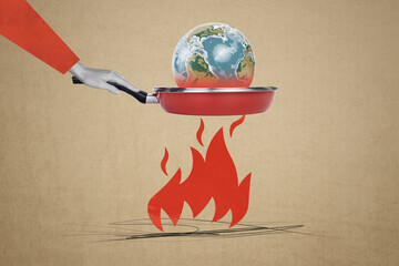 3d zine full image art collage of human hand hold globe earth planet frying pen cooking global...