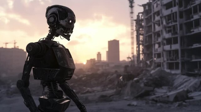 A robot stands alone in an abandoned city, surrounded by rubble and crumbling structures as the sun sets in the background