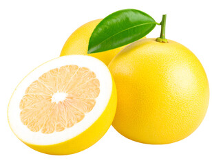 A trio of fresh yellow pomelos, including a perfectly sliced half, highlights the natural goodness of citrus.