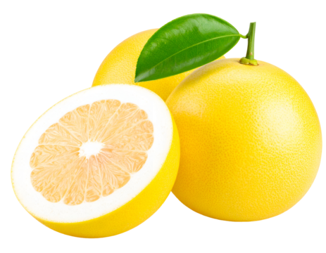 A trio of fresh yellow pomelos, including a perfectly sliced half, highlights the natural goodness of citrus.