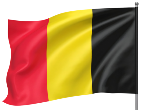 The vibrant Belgian national flag proudly waves, showcasing its distinctive vertical stripes of black, yellow, and red.