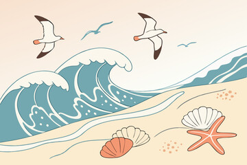 Dynamic illustration of crashing ocean waves against a coastal landscape