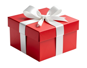 Red gift box with white ribbon and bow on a transparent background.