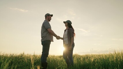 Man and woman shake hands in a field with wheat at sunset in the sky, the concept of a happy family...