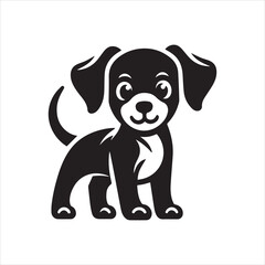 Naklejka premium A stylized black and white illustration of a cute, cartoon-like puppy standing with a curled tail.