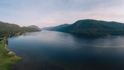 Aerial summer landscape of Lake Teletskoye in Altai Mountains