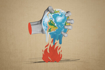 3d pop image vertical art collage of human hand hold earth planet melt flow fire global warming...