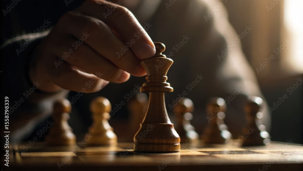 Poster hand moving chess piece in mid game capture with natural light