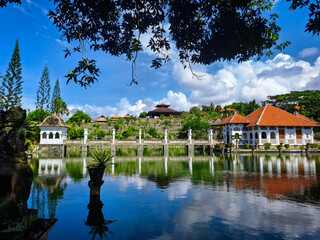 Picturesque Taman Ujung Sukasada showcasing its elegant floating buildings and bridges over...