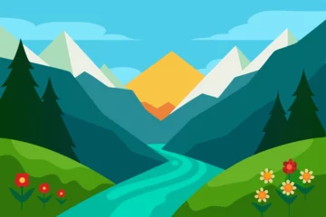 Foto auf Acrylglas Grün Summer mountain landscape with green meadows and snowy peaks under a vast sky  © Sharati