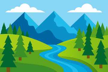 Fototapeta premium Serene Mountain River Landscape Picturesque Valley View with Lush Green Hills and Majestic Peaks