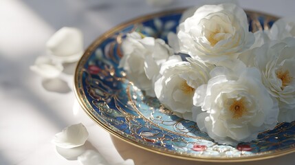 Elegant white roses in decorative bowl floral arrangement flower photography still life home decor aesthetic 100