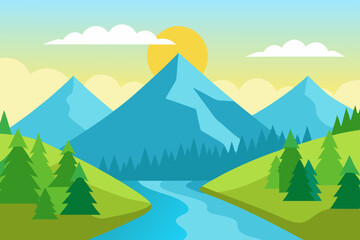 Naklejka premium Serene Mountain Landscape River, Peaks, and Sunlit Skies