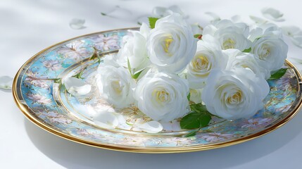 White roses on vintage plate, floral arrangement, romantic flowers, wedding decor, beautiful flowers