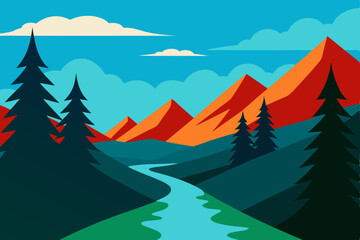 Snowy winter mountain landscape with pine trees and a cold sky