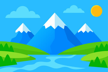 Mountain landscape with trees under a blue sky, illustrating a natural scene with peaks and clouds