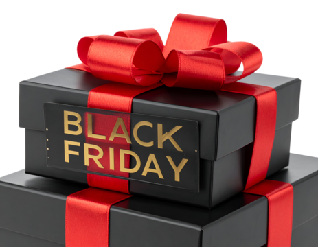 A stack of sleek black gift boxes beautifully wrapped with bright red bows and a bold Black Friday label.