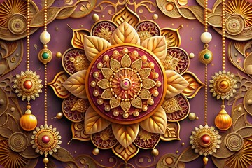 Intricate gold mandala design with floral patterns on a purple background