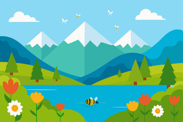 Fototapeta premium Here's a single sentence for naming an image depicting a summer landscape with mountains:Summer nature landscape with green mountains, trees, and a blue sky with clouds